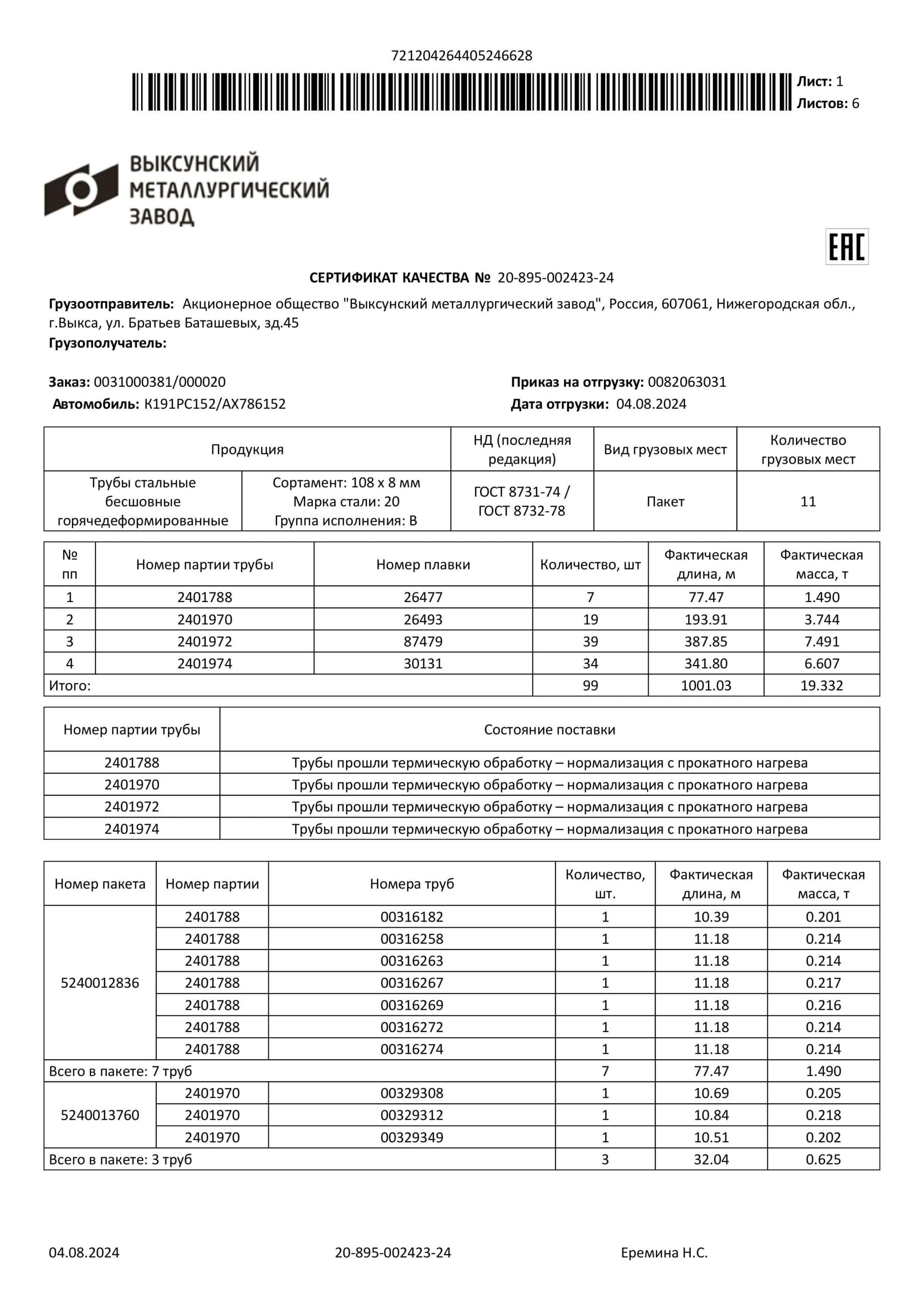 сертификат на трубу бесшовную